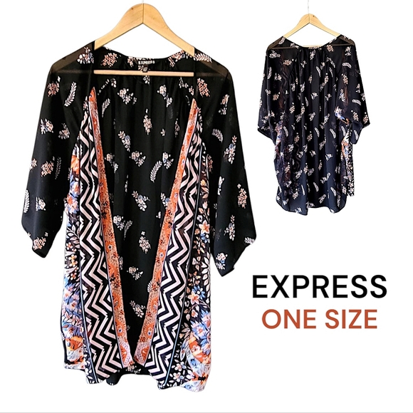 Express Black and Orange Patterned Kimono One Size Sm To 2x - Picture 1 of 6